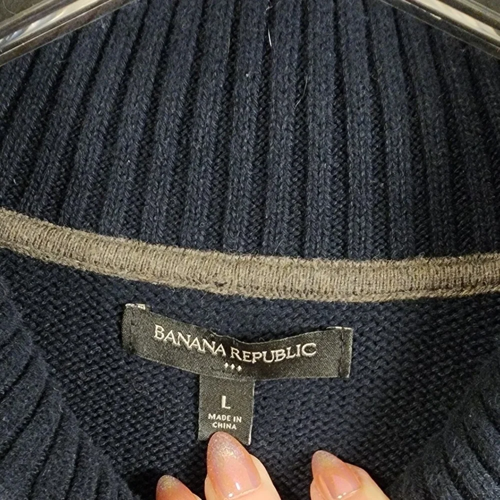 Banana Republic Shawl Collar Striped Knit Sweater Men's Size L Navy Grey‎